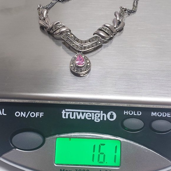 Vintage Rose Quartz Marcasite Teardrop Necklace - Picture 6 of 6